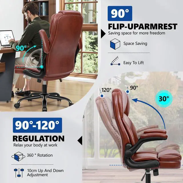 Alt view image 6 of 6 - PU Leather Office Chair, Ergonomic High-Back Desk Computer & Gaming Chair with Adjustable Height, Rolling Swivel & Flip-Up Armrests, Comfy Padded Seat for Home Office-Brown