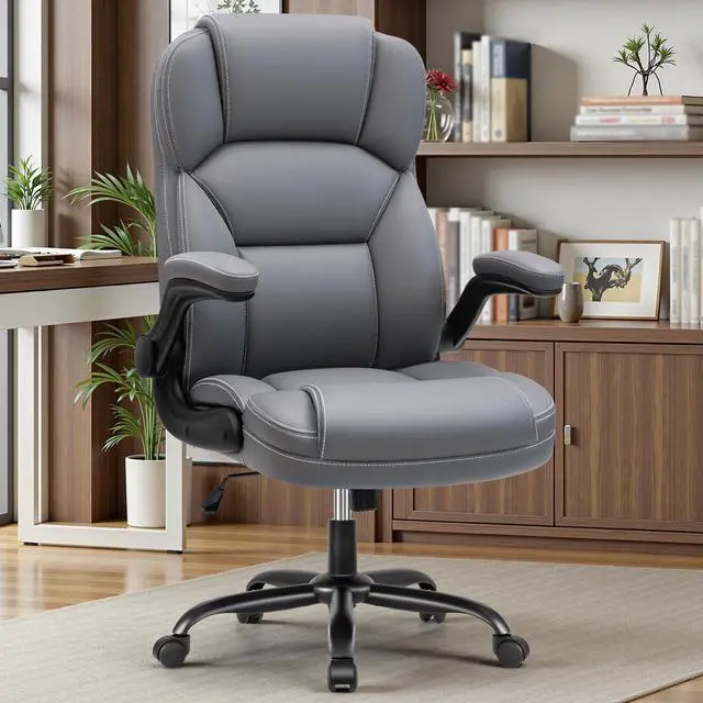 Main image of PU Leather Office Chair, Ergonomic High-Back Desk Computer & Gaming Chair with Adjustable Height, Rolling Swivel & Flip-Up Armrests, Comfy Padded Seat for Home Office-Gray
