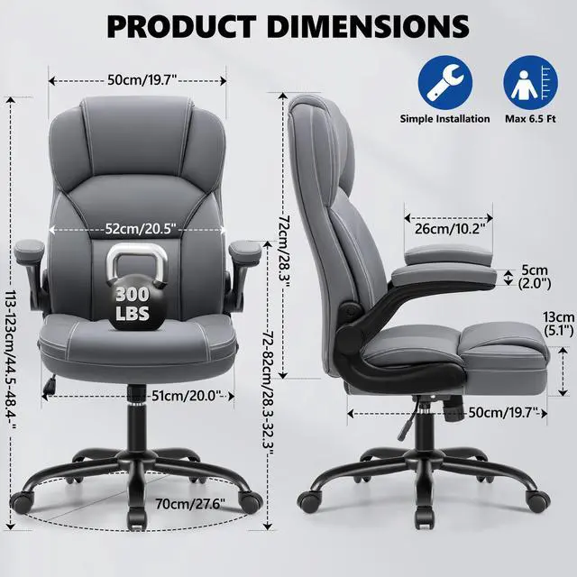 Alt view image 2 of 6 - PU Leather Office Chair, Ergonomic High-Back Desk Computer & Gaming Chair with Adjustable Height, Rolling Swivel & Flip-Up Armrests, Comfy Padded Seat for Home Office-Gray