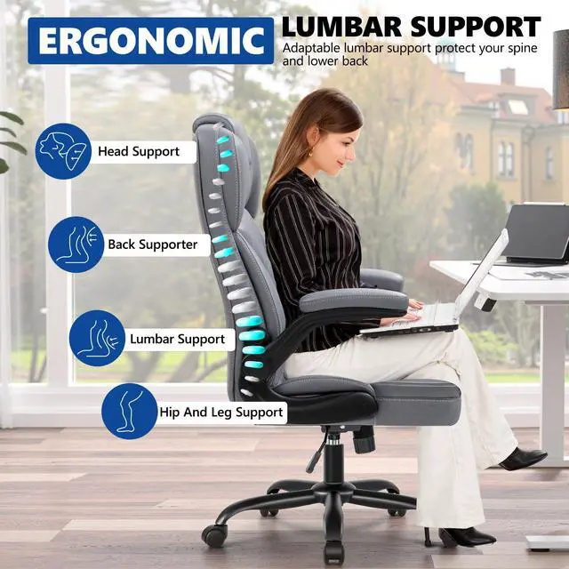 Alt view image 5 of 6 - PU Leather Office Chair, Ergonomic High-Back Desk Computer & Gaming Chair with Adjustable Height, Rolling Swivel & Flip-Up Armrests, Comfy Padded Seat for Home Office-Gray