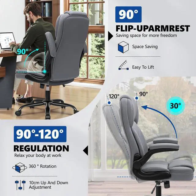 Alt view image 6 of 6 - PU Leather Office Chair, Ergonomic High-Back Desk Computer & Gaming Chair with Adjustable Height, Rolling Swivel & Flip-Up Armrests, Comfy Padded Seat for Home Office-Gray