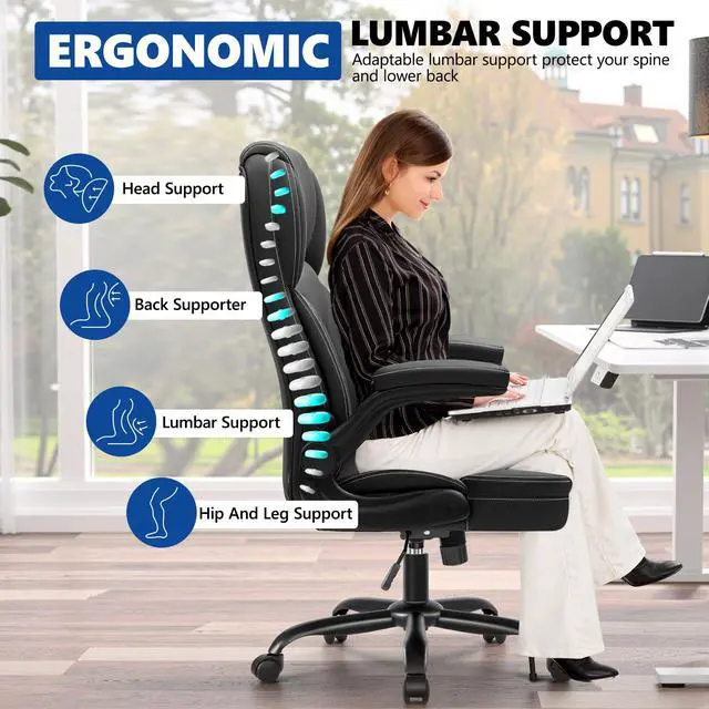 Alt view image 5 of 6 - PU Leather Office Chair, Ergonomic High-Back Desk Computer & Gaming Chair with Adjustable Height, Rolling Swivel & Flip-Up Armrests, Comfy Padded Seat for Home Office-Black