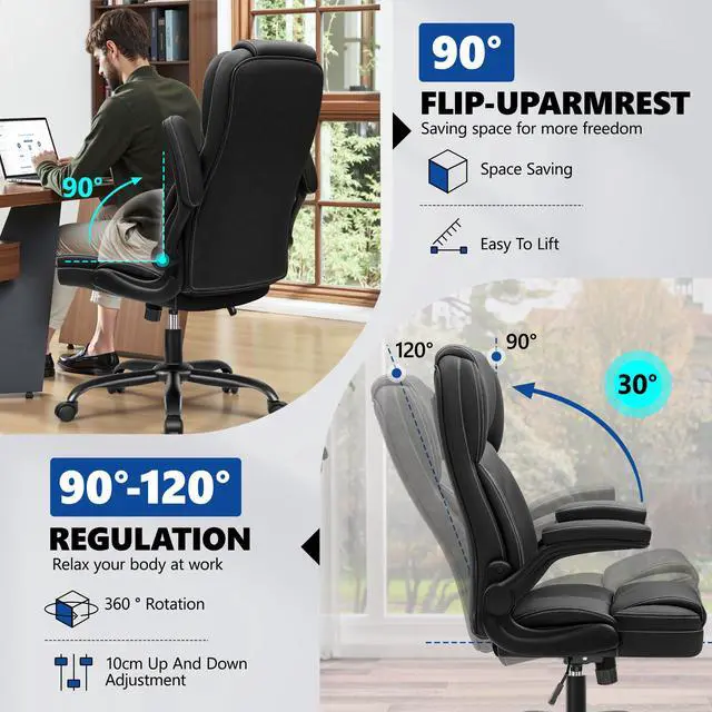 Alt view image 6 of 6 - PU Leather Office Chair, Ergonomic High-Back Desk Computer & Gaming Chair with Adjustable Height, Rolling Swivel & Flip-Up Armrests, Comfy Padded Seat for Home Office-Black