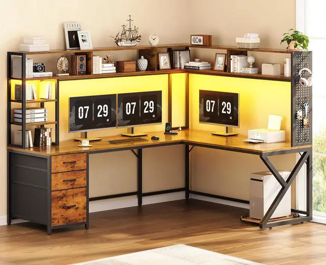 Main image of L Shaped Desk with Hutch and 3 Drawers, Convertible 94.5" Computer Desk with File Drawer, L Shaped Office Desk with Power Outlet, LED Lights, Storage and Pegboard for Home Office, Brown