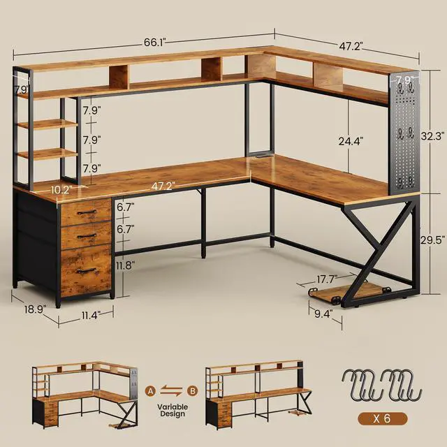 Alt view image 2 of 6 - L Shaped Desk with Hutch and 3 Drawers, Convertible 94.5" Computer Desk with File Drawer, L Shaped Office Desk with Power Outlet, LED Lights, Storage and Pegboard for Home Office, Brown