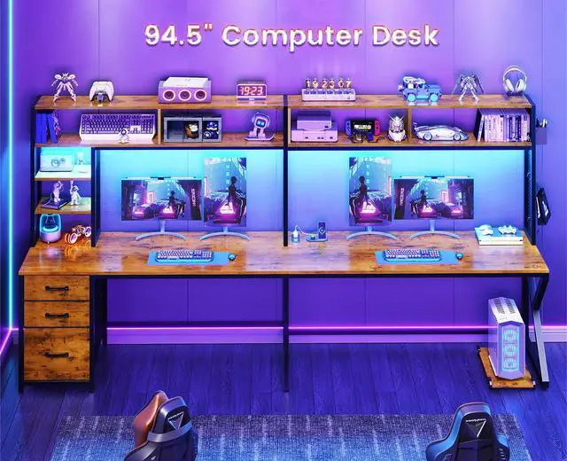 Alt view image 3 of 6 - L Shaped Desk with Hutch and 3 Drawers, Convertible 94.5" Computer Desk with File Drawer, L Shaped Office Desk with Power Outlet, LED Lights, Storage and Pegboard for Home Office, Brown