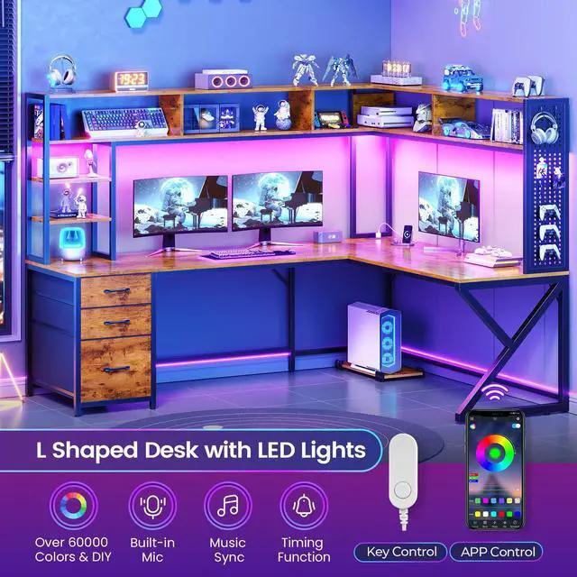Alt view image 4 of 6 - L Shaped Desk with Hutch and 3 Drawers, Convertible 94.5" Computer Desk with File Drawer, L Shaped Office Desk with Power Outlet, LED Lights, Storage and Pegboard for Home Office, Brown