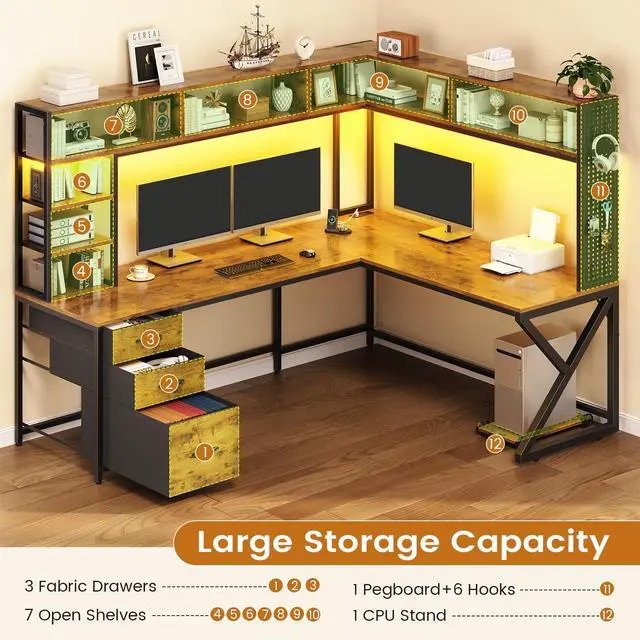 Alt view image 5 of 6 - L Shaped Desk with Hutch and 3 Drawers, Convertible 94.5" Computer Desk with File Drawer, L Shaped Office Desk with Power Outlet, LED Lights, Storage and Pegboard for Home Office, Brown