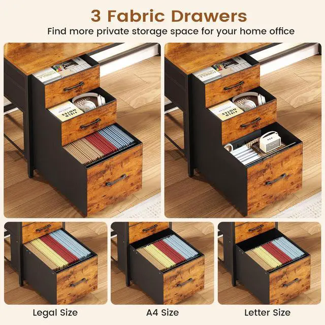 Alt view image 6 of 6 - L Shaped Desk with Hutch and 3 Drawers, Convertible 94.5" Computer Desk with File Drawer, L Shaped Office Desk with Power Outlet, LED Lights, Storage and Pegboard for Home Office, Brown
