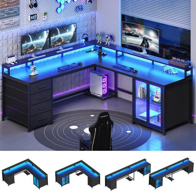 Main image of L Shaped Gaming Desk with 4 Drawers, 109 Computer Desk with Display Cabinet, Home Office Desks with 2 Monitor Stands, CPU Stand, LED Lights and Power Outlet, Black