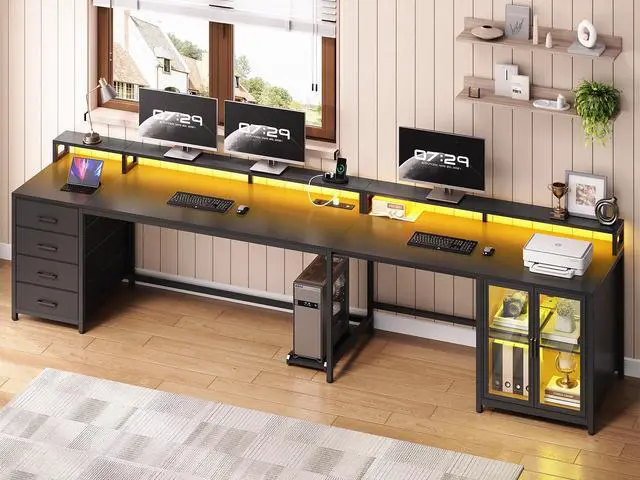 Alt view image 2 of 6 - L Shaped Gaming Desk with 4 Drawers, 109 Computer Desk with Display Cabinet, Home Office Desks with 2 Monitor Stands, CPU Stand, LED Lights and Power Outlet, Black