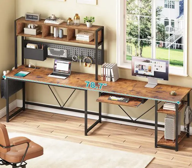 Alt view image 2 of 6 - L Shaped Gaming Desk with Hutch, 57.5 Reversible Corner Computer Desk with Storage Shelves, Gaming Desk with Pegboard, LED Lights, Power Outlet, Keyboard Tray (Rustic Brown)