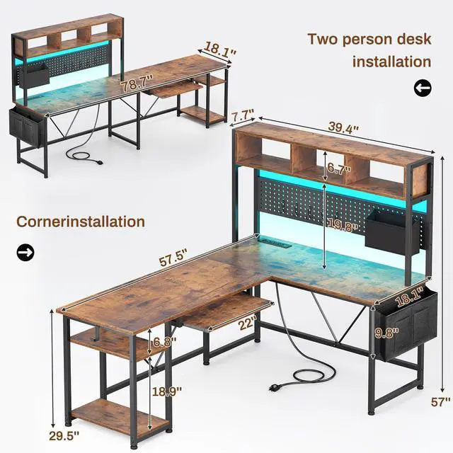 Alt view image 3 of 6 - L Shaped Gaming Desk with Hutch, 57.5 Reversible Corner Computer Desk with Storage Shelves, Gaming Desk with Pegboard, LED Lights, Power Outlet, Keyboard Tray (Rustic Brown)