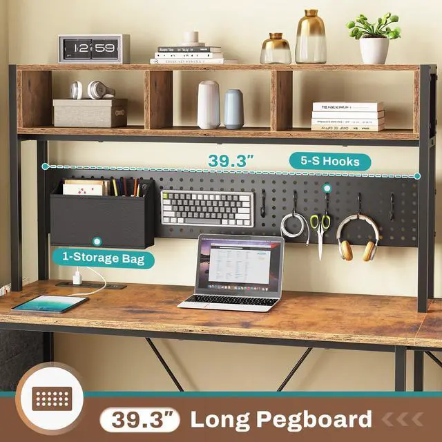 Alt view image 5 of 6 - L Shaped Gaming Desk with Hutch, 57.5 Reversible Corner Computer Desk with Storage Shelves, Gaming Desk with Pegboard, LED Lights, Power Outlet, Keyboard Tray (Rustic Brown)