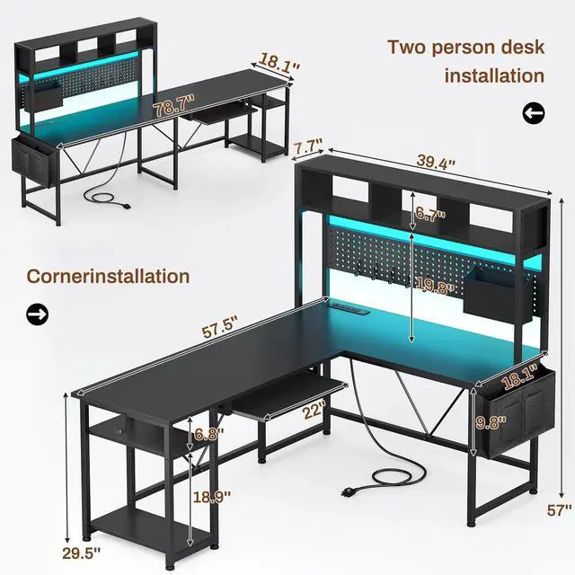 Alt view image 2 of 6 - L Shaped Gaming Desk with Hutch, 57.5 Reversible Corner Computer Desk with Storage Shelves, Gaming Desk with Pegboard, LED Lights, Power Outlet, Keyboard Tray and Storage Bag, Black