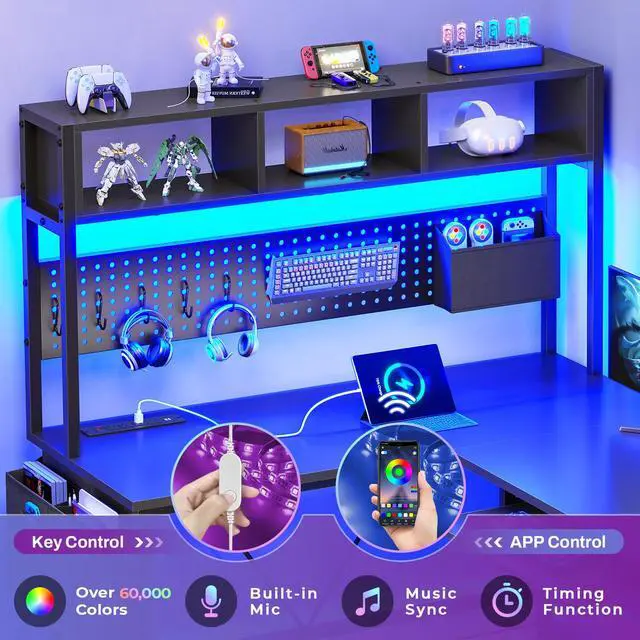 Alt view image 3 of 6 - L Shaped Gaming Desk with Hutch, 57.5 Reversible Corner Computer Desk with Storage Shelves, Gaming Desk with Pegboard, LED Lights, Power Outlet, Keyboard Tray and Storage Bag, Black