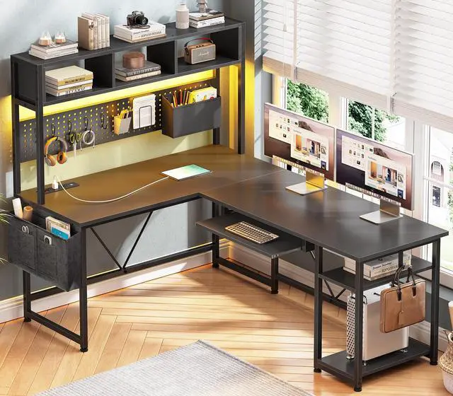 Alt view image 6 of 6 - L Shaped Gaming Desk with Hutch, 57.5 Reversible Corner Computer Desk with Storage Shelves, Gaming Desk with Pegboard, LED Lights, Power Outlet, Keyboard Tray and Storage Bag, Black
