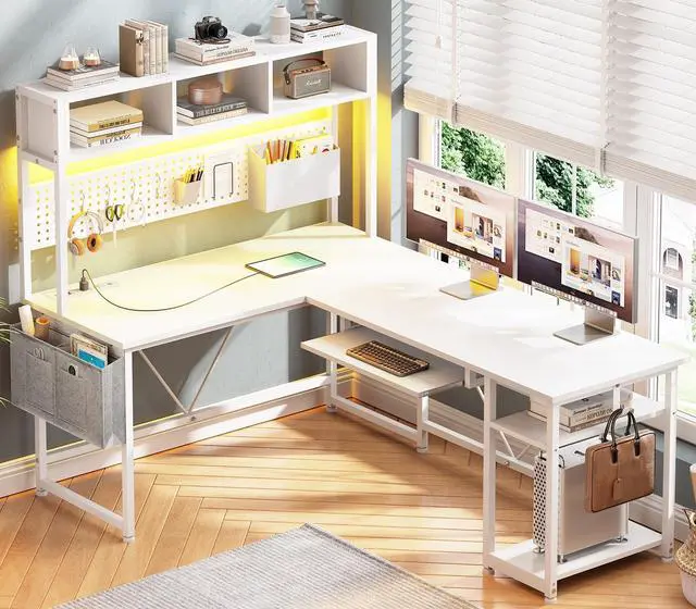 Main image of White L Shaped Office Desk, 57.5 Corner Computer Desk with Power Outlet Pegboard and Keyboard Tray, Gaming Table with LED Lights, Hutch and Storage Shelves for Home Office