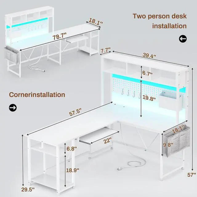 Alt view image 2 of 6 - White L Shaped Office Desk, 57.5 Corner Computer Desk with Power Outlet Pegboard and Keyboard Tray, Gaming Table with LED Lights, Hutch and Storage Shelves for Home Office
