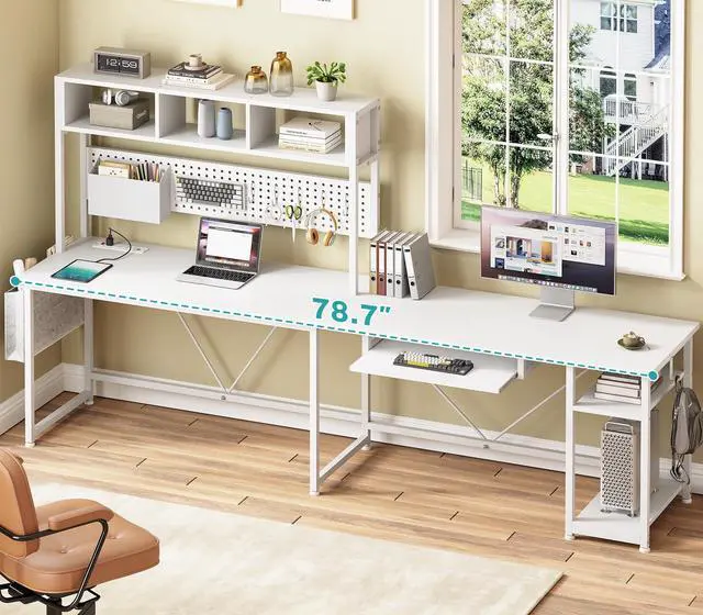 Alt view image 3 of 6 - White L Shaped Office Desk, 57.5 Corner Computer Desk with Power Outlet Pegboard and Keyboard Tray, Gaming Table with LED Lights, Hutch and Storage Shelves for Home Office