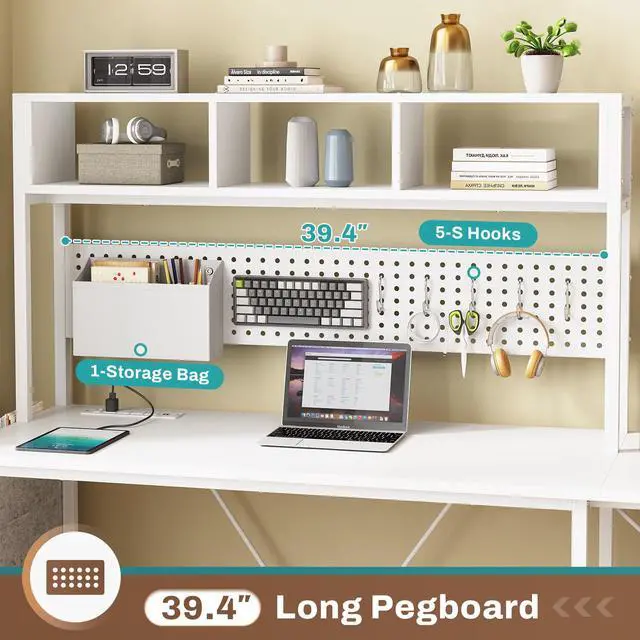 Alt view image 4 of 6 - White L Shaped Office Desk, 57.5 Corner Computer Desk with Power Outlet Pegboard and Keyboard Tray, Gaming Table with LED Lights, Hutch and Storage Shelves for Home Office