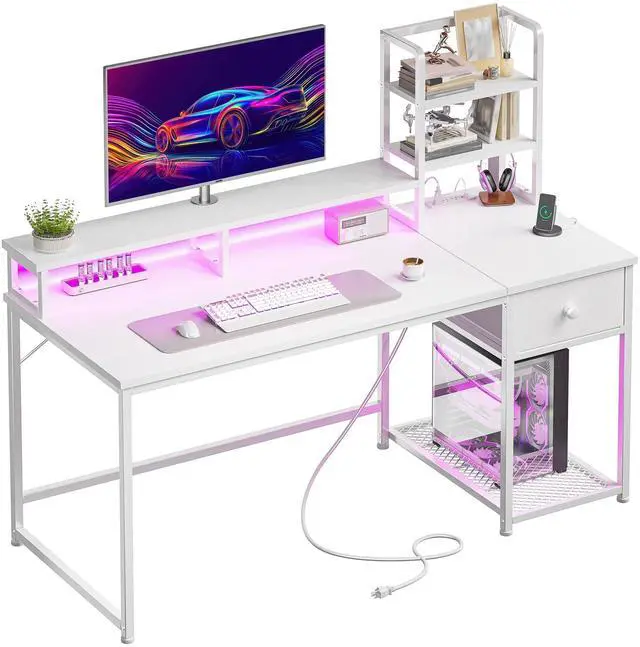 Main image of 44" Small White Gaming Desk with Hutch & Shelves for Teen Gamer | Dual Monitor Stand for Posture, Built-in Power Strip, Music-sync RGB Lights, Sturdy Steel Frame, Fabric Drawer, Easy Assembly