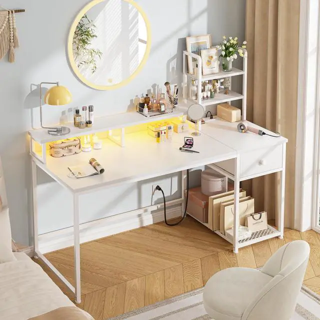 Alt view image 2 of 6 - 44" Small White Gaming Desk with Hutch & Shelves for Teen Gamer | Dual Monitor Stand for Posture, Built-in Power Strip, Music-sync RGB Lights, Sturdy Steel Frame, Fabric Drawer, Easy Assembly