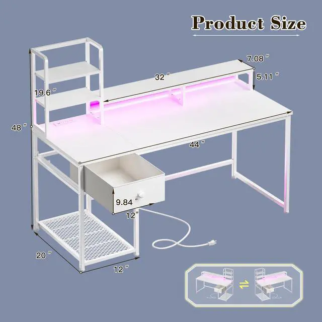 Alt view image 3 of 6 - 44" Small White Gaming Desk with Hutch & Shelves for Teen Gamer | Dual Monitor Stand for Posture, Built-in Power Strip, Music-sync RGB Lights, Sturdy Steel Frame, Fabric Drawer, Easy Assembly
