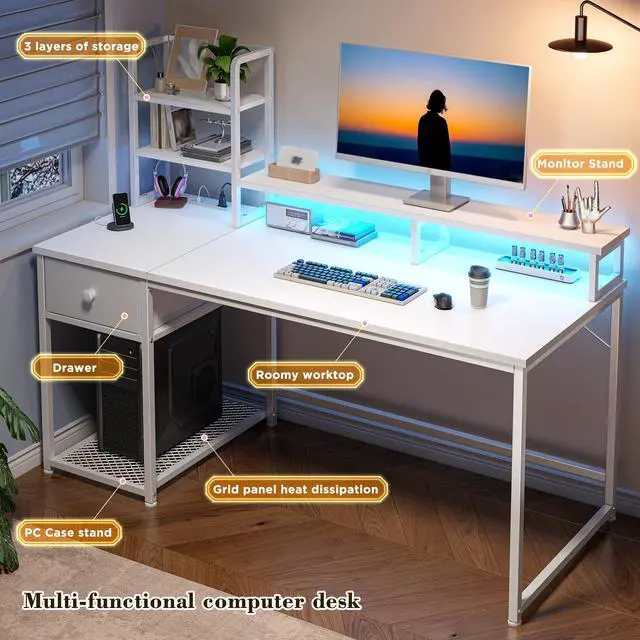 Alt view image 5 of 6 - 44" Small White Gaming Desk with Hutch & Shelves for Teen Gamer | Dual Monitor Stand for Posture, Built-in Power Strip, Music-sync RGB Lights, Sturdy Steel Frame, Fabric Drawer, Easy Assembly