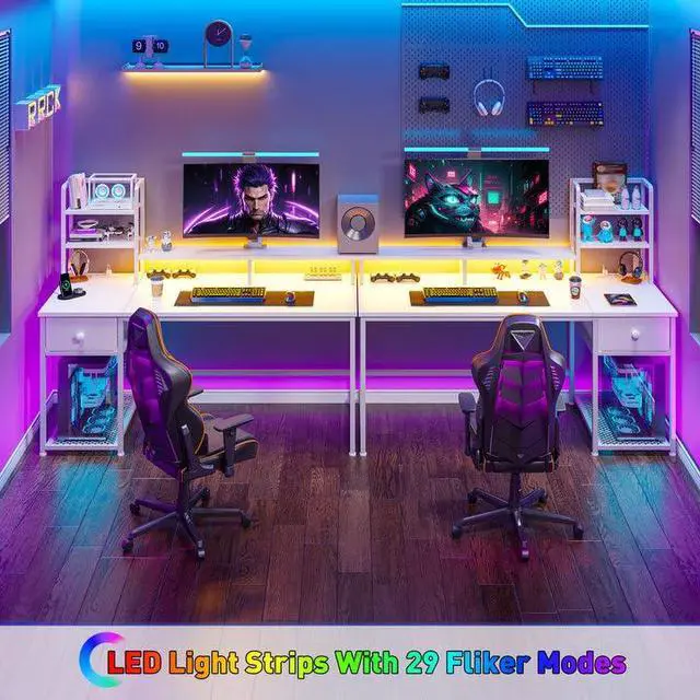 Alt view image 6 of 6 - 44" Small White Gaming Desk with Hutch & Shelves for Teen Gamer | Dual Monitor Stand for Posture, Built-in Power Strip, Music-sync RGB Lights, Sturdy Steel Frame, Fabric Drawer, Easy Assembly