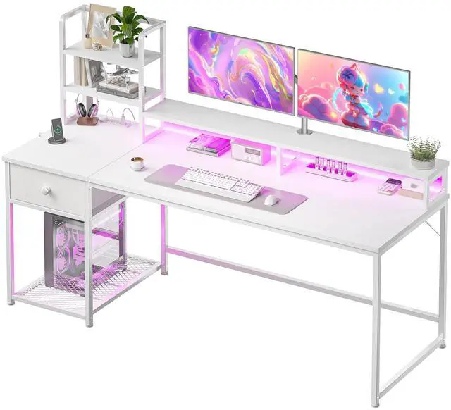 Main image of 55 Inch White Computer Desk with Drawers and Hutch,Reversible Home Office Desk with Monitor Shelf,Gaming Desks with USB Power Outlets&Storage,Writing Study Table for Bedroom with LED Lights,White