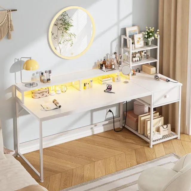 Alt view image 2 of 6 - 55 Inch White Computer Desk with Drawers and Hutch,Reversible Home Office Desk with Monitor Shelf,Gaming Desks with USB Power Outlets&Storage,Writing Study Table for Bedroom with LED Lights,White