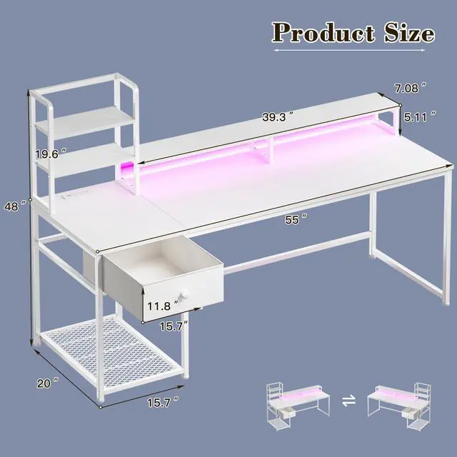Alt view image 3 of 6 - 55 Inch White Computer Desk with Drawers and Hutch,Reversible Home Office Desk with Monitor Shelf,Gaming Desks with USB Power Outlets&Storage,Writing Study Table for Bedroom with LED Lights,White