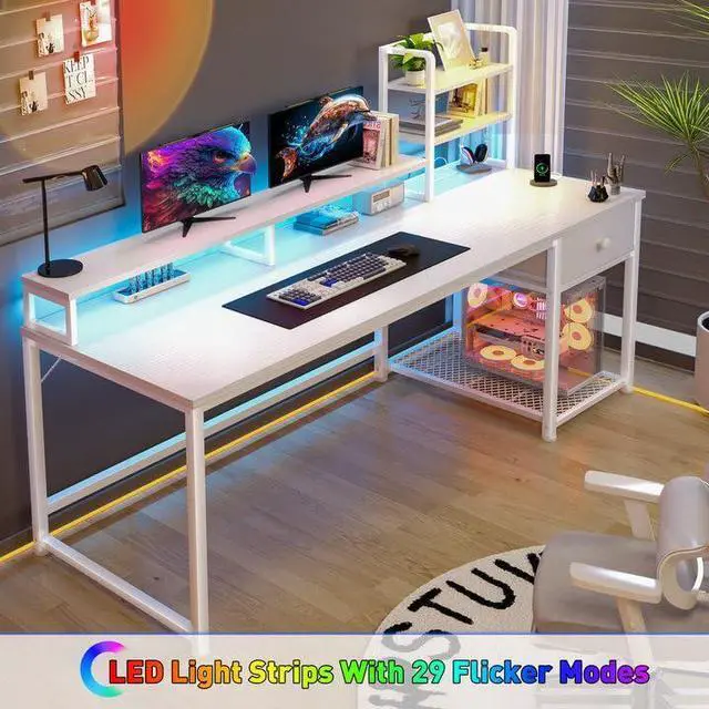 Alt view image 5 of 6 - 55 Inch White Computer Desk with Drawers and Hutch,Reversible Home Office Desk with Monitor Shelf,Gaming Desks with USB Power Outlets&Storage,Writing Study Table for Bedroom with LED Lights,White
