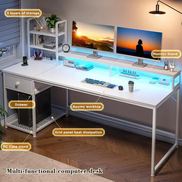 Alt view image 6 of 6 - 55 Inch White Computer Desk with Drawers and Hutch,Reversible Home Office Desk with Monitor Shelf,Gaming Desks with USB Power Outlets&Storage,Writing Study Table for Bedroom with LED Lights,White