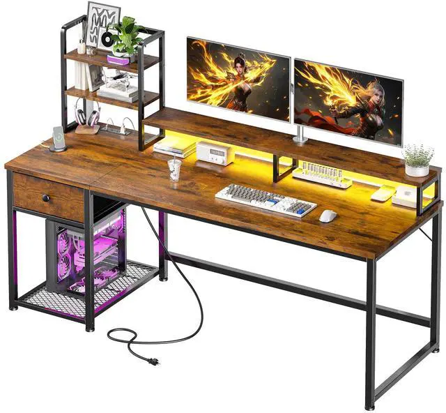 Main image of 55" Reversible Computer Desk, Hutch, USB & LED, Rustic Brown | Fits 2 Monitors on Stand; Drawer & 3 Shelves; 60,000 Colors Music Sync RGB; 3 AC Ports & Type-C; Steel Frame; Easy Build