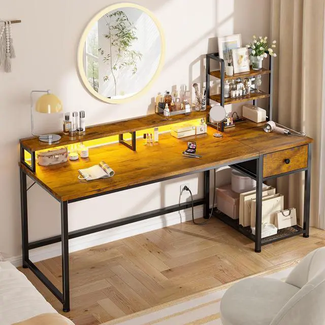 Alt view image 2 of 6 - 55" Reversible Computer Desk, Hutch, USB & LED, Rustic Brown | Fits 2 Monitors on Stand; Drawer & 3 Shelves; 60,000 Colors Music Sync RGB; 3 AC Ports & Type-C; Steel Frame; Easy Build