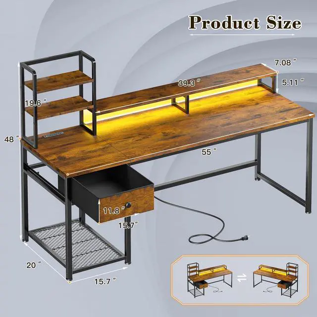 Alt view image 3 of 6 - 55" Reversible Computer Desk, Hutch, USB & LED, Rustic Brown | Fits 2 Monitors on Stand; Drawer & 3 Shelves; 60,000 Colors Music Sync RGB; 3 AC Ports & Type-C; Steel Frame; Easy Build