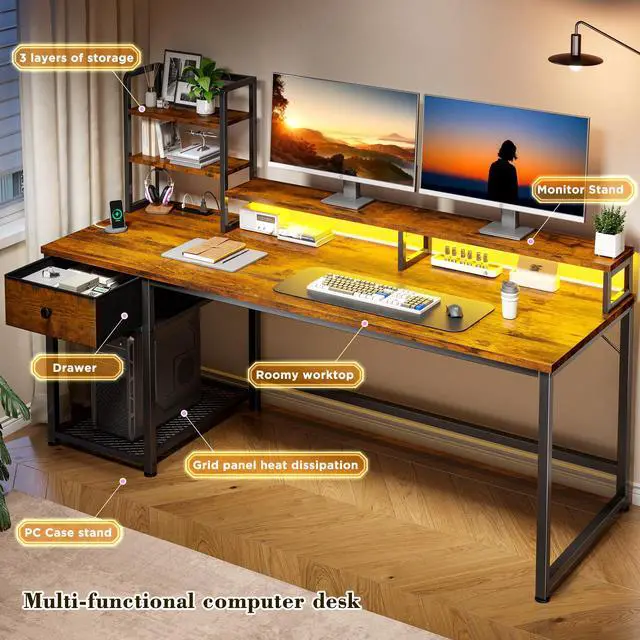 Alt view image 5 of 6 - 55" Reversible Computer Desk, Hutch, USB & LED, Rustic Brown | Fits 2 Monitors on Stand; Drawer & 3 Shelves; 60,000 Colors Music Sync RGB; 3 AC Ports & Type-C; Steel Frame; Easy Build