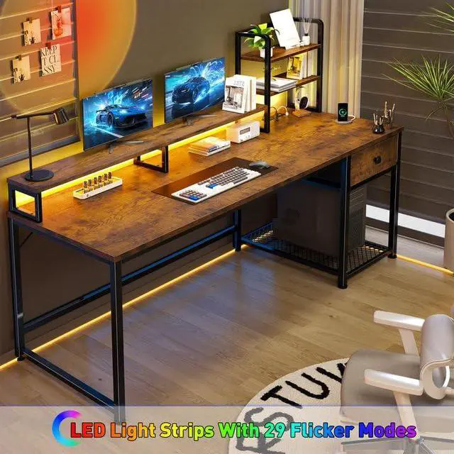 Alt view image 6 of 6 - 55" Reversible Computer Desk, Hutch, USB & LED, Rustic Brown | Fits 2 Monitors on Stand; Drawer & 3 Shelves; 60,000 Colors Music Sync RGB; 3 AC Ports & Type-C; Steel Frame; Easy Build