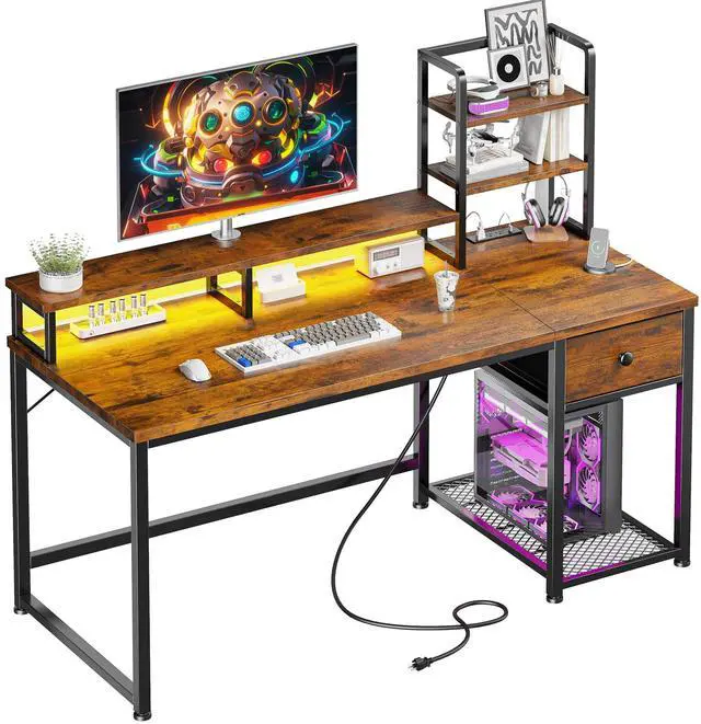 Main image of 44 Inch Computer Desk with Hutch and Drawers,Reversible Home Office Desk with Monitor Shelf,Small Gaming Desks with USB Power Outlets,Writing Table for Office with LED Lights,Rustic Brown