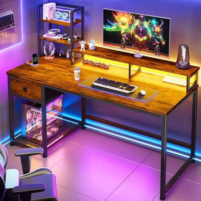 Alt view image 2 of 6 - 44 Inch Computer Desk with Hutch and Drawers,Reversible Home Office Desk with Monitor Shelf,Small Gaming Desks with USB Power Outlets,Writing Table for Office with LED Lights,Rustic Brown