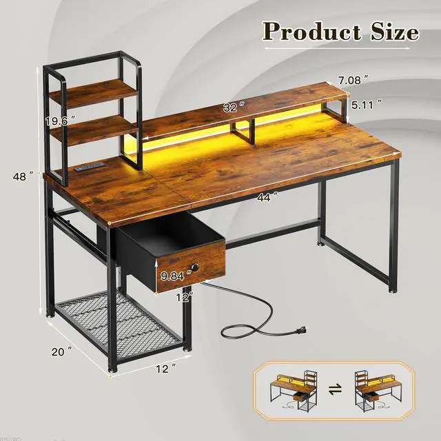 Alt view image 3 of 6 - 44 Inch Computer Desk with Hutch and Drawers,Reversible Home Office Desk with Monitor Shelf,Small Gaming Desks with USB Power Outlets,Writing Table for Office with LED Lights,Rustic Brown