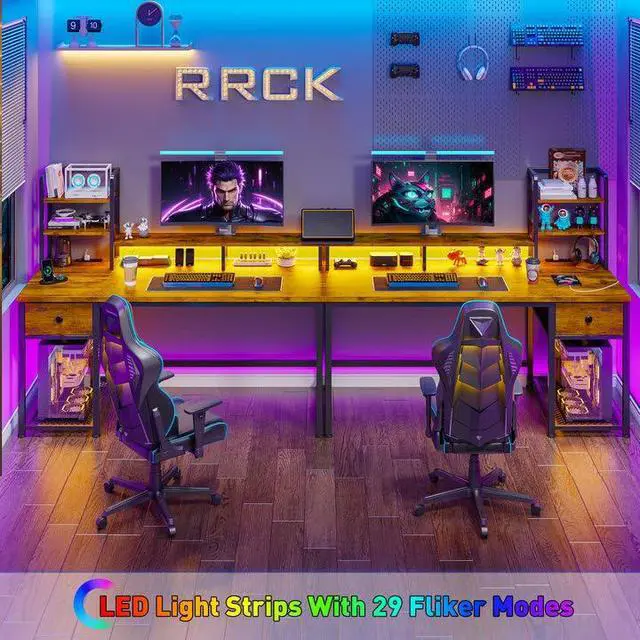 Alt view image 5 of 6 - 44 Inch Computer Desk with Hutch and Drawers,Reversible Home Office Desk with Monitor Shelf,Small Gaming Desks with USB Power Outlets,Writing Table for Office with LED Lights,Rustic Brown