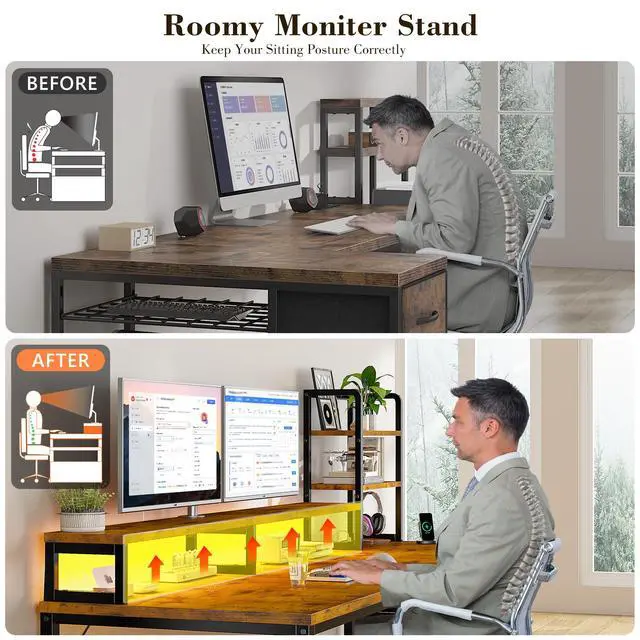 Alt view image 6 of 6 - 44 Inch Computer Desk with Hutch and Drawers,Reversible Home Office Desk with Monitor Shelf,Small Gaming Desks with USB Power Outlets,Writing Table for Office with LED Lights,Rustic Brown