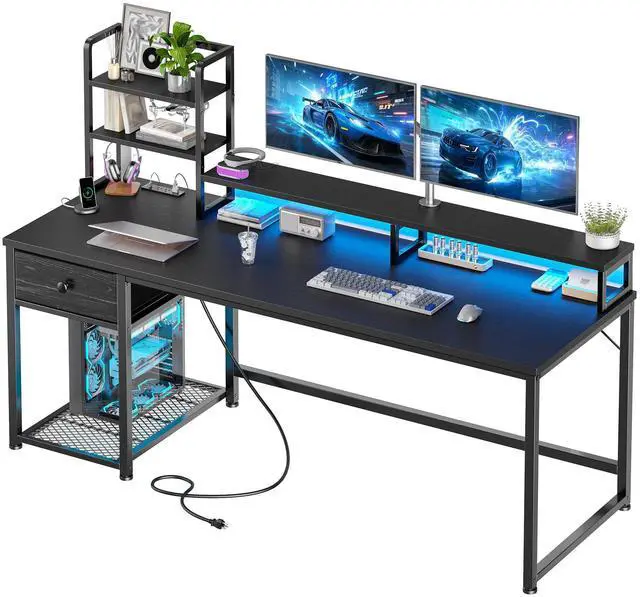 Main image of 55 Inch Gaming Desk with Hutch and Drawers,Reversible Computer Desk with Monitor Shelf,Home Office Desks with USB Power Outlets and Storage,Pc Work Desk for Office with LED Lights,Black