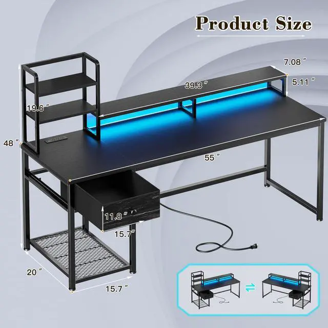 Alt view image 3 of 6 - 55 Inch Gaming Desk with Hutch and Drawers,Reversible Computer Desk with Monitor Shelf,Home Office Desks with USB Power Outlets and Storage,Pc Work Desk for Office with LED Lights,Black