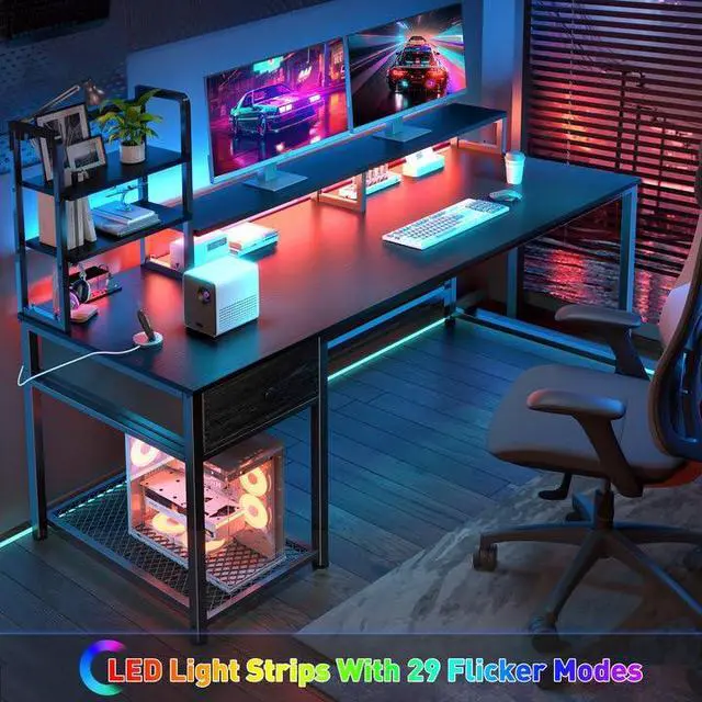 Alt view image 5 of 6 - 55 Inch Gaming Desk with Hutch and Drawers,Reversible Computer Desk with Monitor Shelf,Home Office Desks with USB Power Outlets and Storage,Pc Work Desk for Office with LED Lights,Black