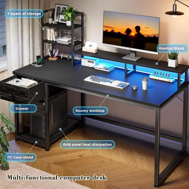 Alt view image 6 of 6 - 55 Inch Gaming Desk with Hutch and Drawers,Reversible Computer Desk with Monitor Shelf,Home Office Desks with USB Power Outlets and Storage,Pc Work Desk for Office with LED Lights,Black