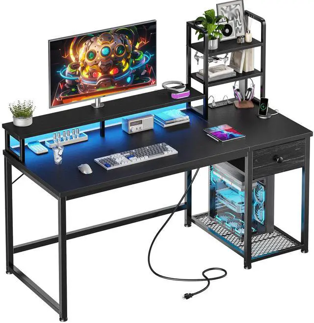 Main image of 44 Inch Gaming Desk with Hutch and Drawers,Reversible Computer Desk with Monitor Shelf,Home Office Desks with USB Power Outlets and Storage,Pc Small Gaming Desk for Office with LED Lights,Black